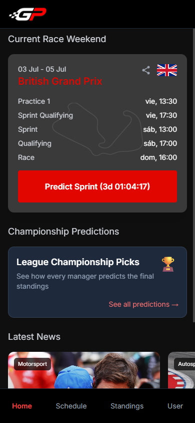 GridPredict home showing the next Formula 1 race weekend, championship predictions and latest news