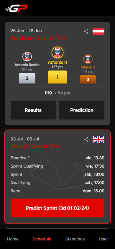 Race weekend schedule with practice, qualifying, sprint and race sessions, countdown timers, prediction status and podium for your league