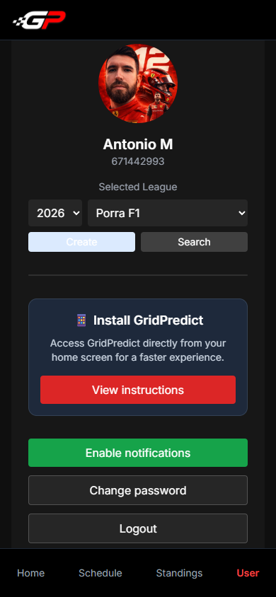 Personal profile dashboard with leagues, notifications, password settings and application preferences